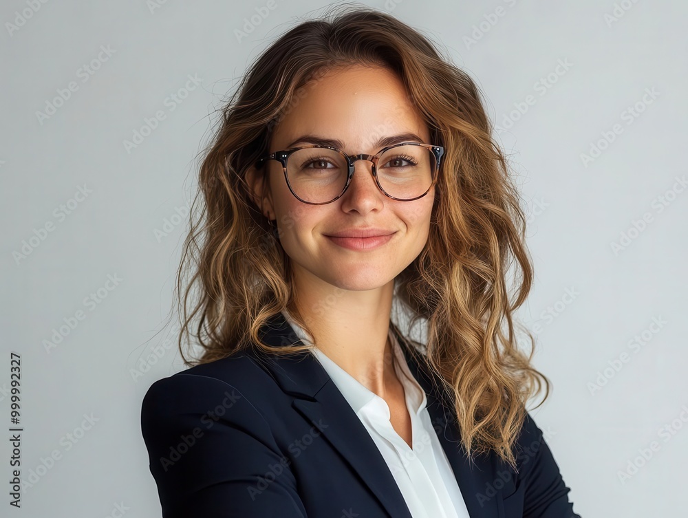 Confident businesswoman in stylish attire against clean white backdrop. Warm smile, modern glasses, professional demeanor, empowering pose, soft studio lighting. Confident businesswoman in stylish attire against clean white backdrop. Warm smile, modern glasses, professional demeanor, empowering pose, soft studio lighting.