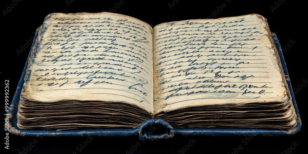 Obraz premium A vintage, well-worn, leather-bound journal with aged, yellowed pages filled with meticulously handwritten entries in elegant script.