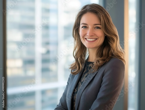 Confident businesswoman in modern office, warm smile and professional attire. Soft lighting emphasizing friendly demeanor, with cityscape visible through floor-to-ceiling windows behind her.