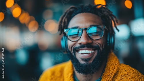 A person in a yellow sweater and headphones is shown indoors, possibly in a cafe. The background is softly blurred, with warm lighting creating a cozy atmosphere.