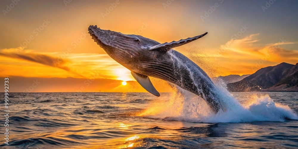 Fototapeta premium humpback whale breaching at sunset in Cabo San Lucas, Tilted Angle