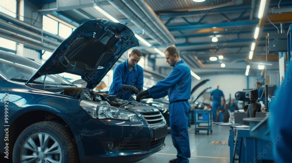 © PUTRI - Two Mechanics in a Service are Inspecting a Car After They Got the Diagnostics Results. Female Specialist is Comparing the Data on a Tablet Computer. Repairman is Using a Ratchet to Repair the Faults.