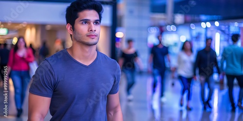 Man Shopping in Mall with Blurred People in Background 