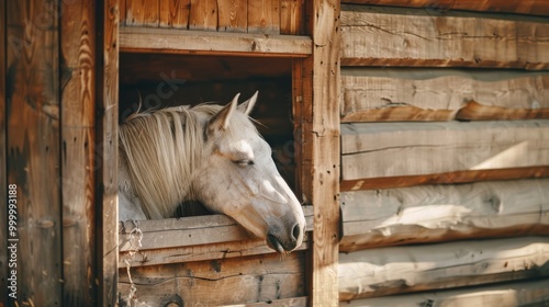 A white horse peeks out from a wooden stable window, enjoying the morning light.