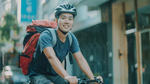 A man riding a bike in the city, wearing a helmet and carrying a backpack, showcases a healthy and active commute through bustling urban streets. photo