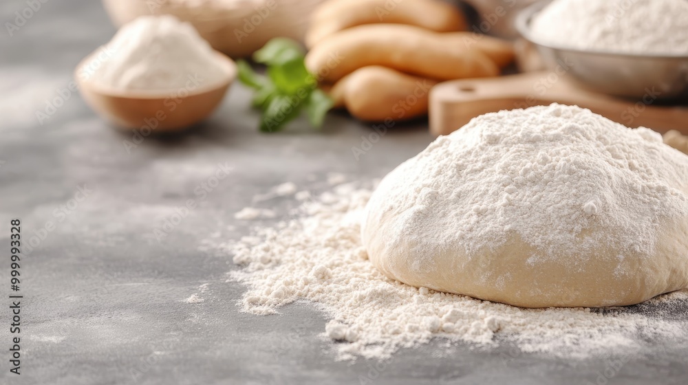 Artistic depiction of a dough ball covered with flour on a grey kitchen surface surrounded by various ingredients, suggesting preparation for baking or cooking. Artistic depiction of a dough ball covered with flour on a grey kitchen surface surrounded by various ingredients, suggesting preparation for baking or cooking.
