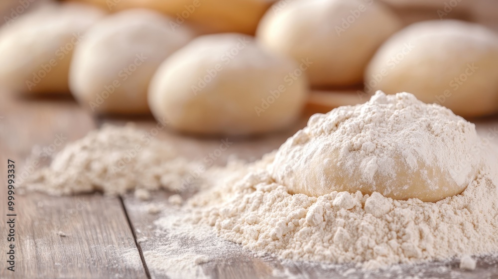 Close-up image showcasing a ball of dough dusted with flour on a wooden surface, surrounded by smaller dough balls ready for further cooking processes. Close-up image showcasing a ball of dough dusted with flour on a wooden surface, surrounded by smaller dough balls ready for further cooking processes.