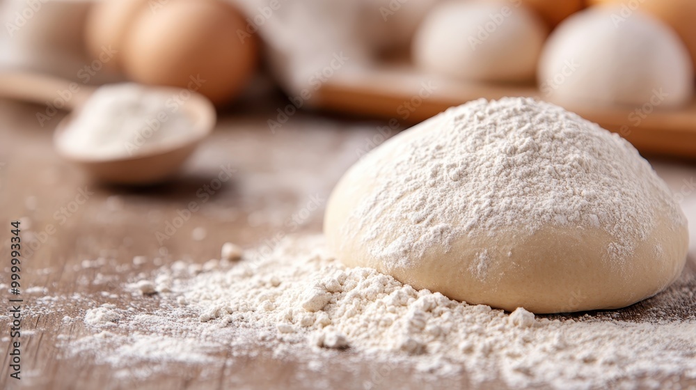 A dough ball placed on a floured kitchen surface, showcasing the preparation stage of baking within a domestic kitchen setting, emphasizing artisanal effort. A dough ball placed on a floured kitchen surface, showcasing the preparation stage of baking within a domestic kitchen setting, emphasizing artisanal effort.