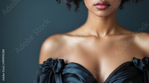 A stunning image of a model wearing a black dress with an elegant neckline and defined curls, exemplifying style, sophistication, and beauty in fashion photography.