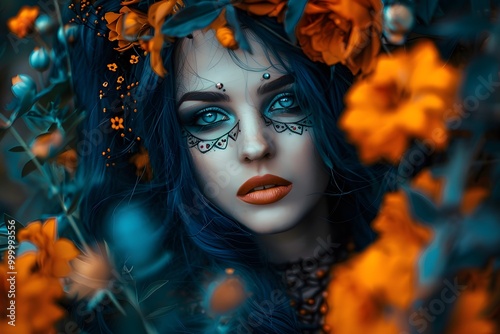 A captivating portrait of a mysterious woman with striking icy-blue eyes and black hair adorned with vivid orange flowers. 