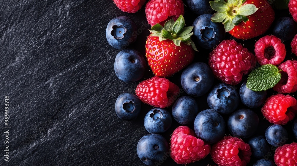 A visually appealing arrangement of strawberries, blueberries, and raspberries, adorned with green leaves and placed on a dark slate surface, showcasing their fresh appeal. A visually appealing arrangement of strawberries, blueberries, and raspberries, adorned with green leaves and placed on a dark slate surface, showcasing their fresh appeal.