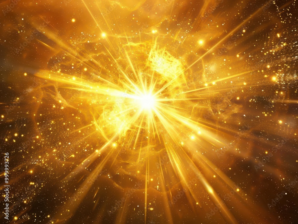 Cosmic light explosion dazzling burst of golden energy radiating from central point against dark space Cosmic light explosion dazzling burst of golden energy radiating from central point against dark space