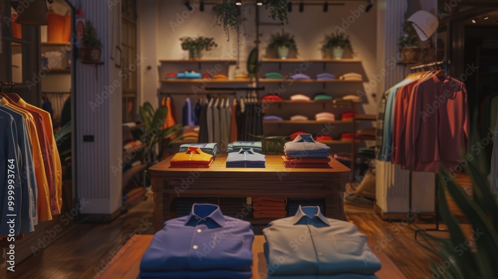A modern clothing store with a beautifully coordinated selection of clothes on wooden shelves and a central display table, emanating a warm and inviting vibe. A modern clothing store with a beautifully coordinated selection of clothes on wooden shelves and a central display table, emanating a warm and inviting vibe.