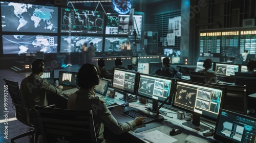 Professionals in a high-tech control room operate multiple computer screens, analyzing global maps and data.