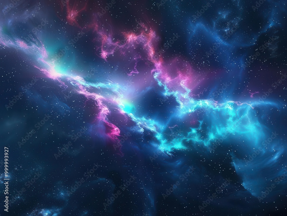 Fototapeta premium Cosmic spectacle crystalline aurora erupts from magenta nebula, electric blue plasma dancing across starlit sky. Ethereal light show illuminates the celestial expanse in breathtaking display.