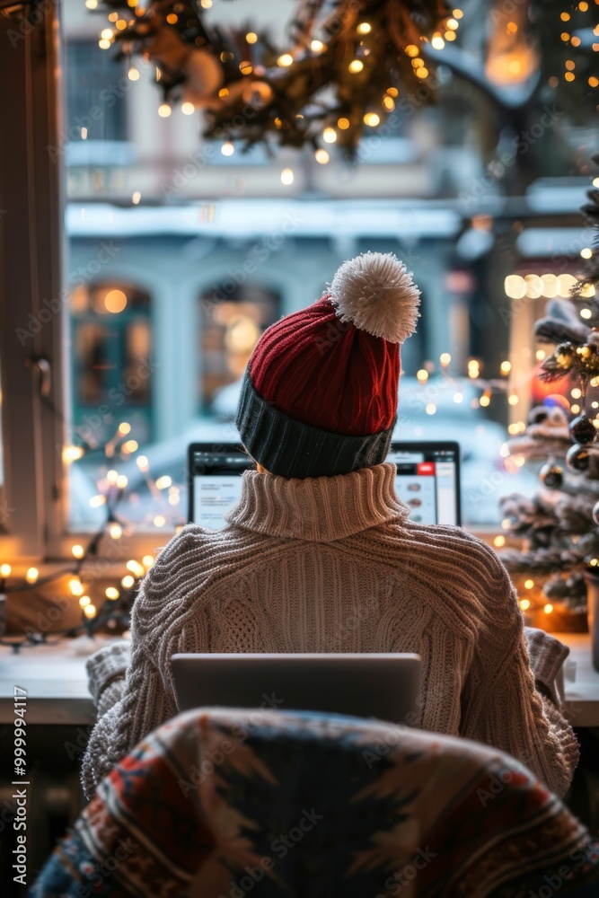 A person wearing a red hat and a white sweater is sitting in front of a laptop A person wearing a red hat and a white sweater is sitting in front of a laptop