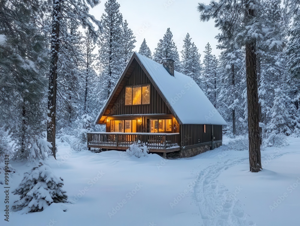Cozy A-frame cabin nestled in snow-covered pine forest, warm golden light glowing from windows, creating inviting winter wonderland scene Cozy A-frame cabin nestled in snow-covered pine forest, warm golden light glowing from windows, creating inviting winter wonderland scene