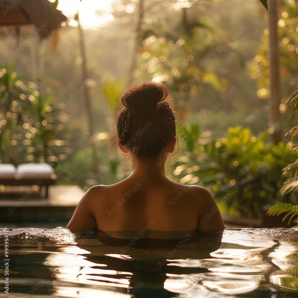 A woman is sitting in a pool of water, her hair in a bun A woman is sitting in a pool of water, her hair in a bun