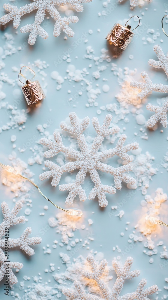 Winter Wonderland Snowflakes Lights and Festive Decor on Blue Background Winter Wonderland Snowflakes Lights and Festive Decor on Blue Background