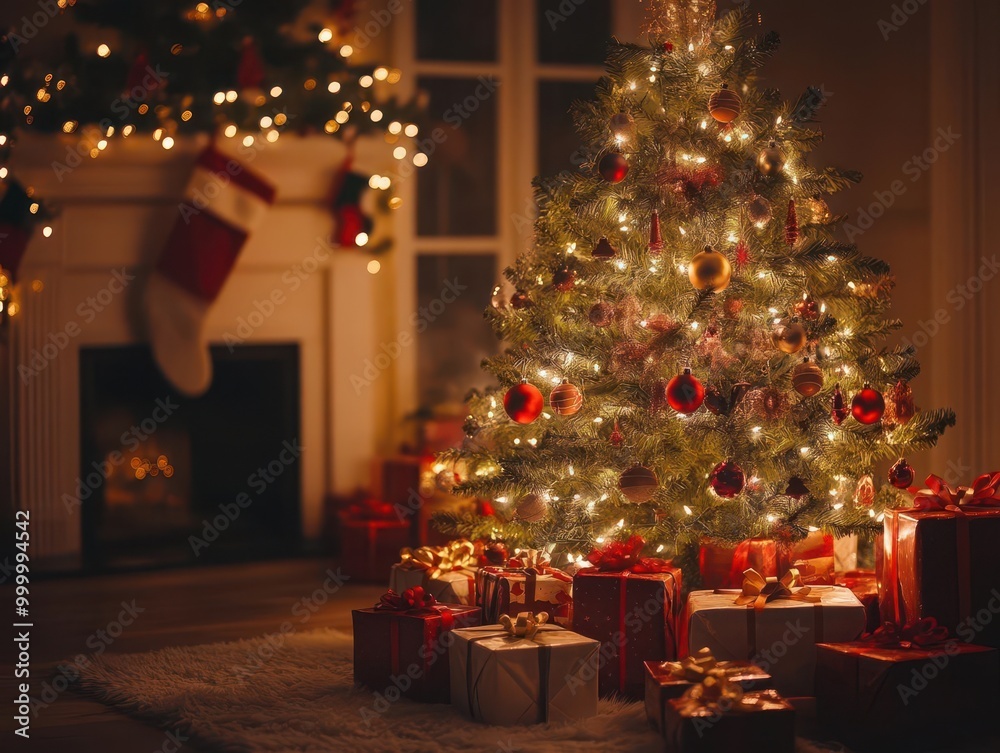 Cozy Christmas scene with a beautifully decorated tree casting a warm glow in a dimly lit room. Wrapped presents and twinkling lights create a magical holiday ambiance. Cozy Christmas scene with a beautifully decorated tree casting a warm glow in a dimly lit room. Wrapped presents and twinkling lights create a magical holiday ambiance.