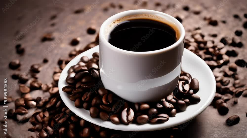Aromatic coffee beans surround a steaming cup of espresso Aromatic coffee beans surround a steaming cup of espresso