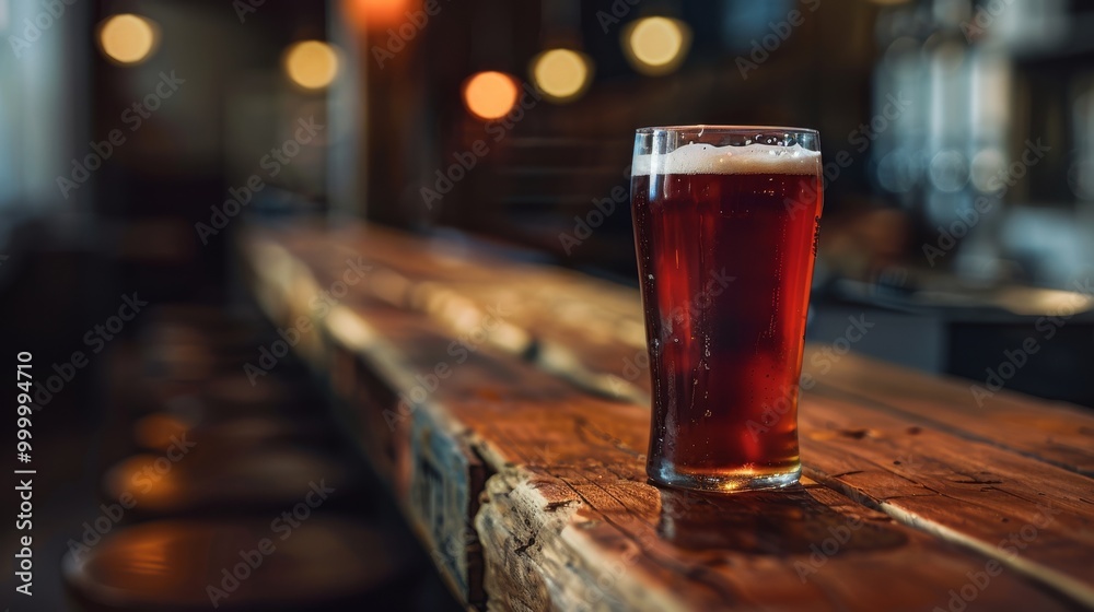 A pint of dark ale resting on a rustic wooden bar, with warm, blurred lights creating a cozy and inviting atmosphere. A pint of dark ale resting on a rustic wooden bar, with warm, blurred lights creating a cozy and inviting atmosphere.