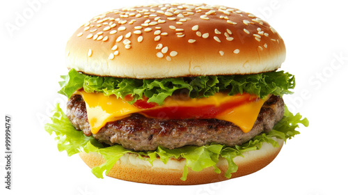 A classic cheeseburger with lettuce, tomato, and cheese solated on transparent background, PNG file background