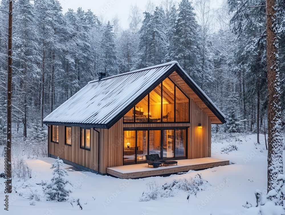 Cozy Scandinavian barnhouse, modern wooden architecture nestled in snowy forest, metal roof glistening, warm interior lights glowing through windows, serene winter landscape Cozy Scandinavian barnhouse, modern wooden architecture nestled in snowy forest, metal roof glistening, warm interior lights glowing through windows, serene winter landscape