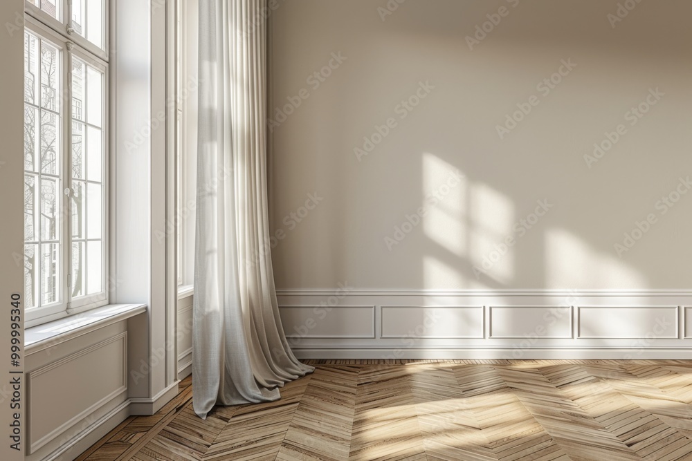 Obraz premium Modern Minimalist Interior with Empty Wall Mockup, Parquet Floor, and Sunlit Window