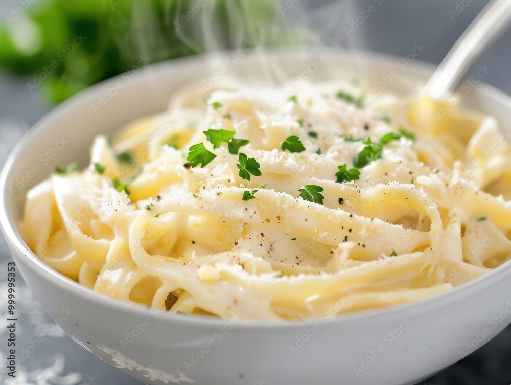 Creamy fettuccine Alfredo in an elegant white bowl, garnished with fresh parsley and grated Parmesan, steam rising from the perfectly coated pasta ribbons