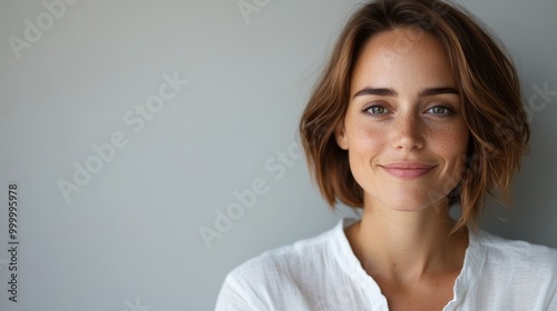 A young woman with short hair and a white blouse smiles gently at the camera, capturing a moment of joy, simplicity, and elegance in a minimalist environment.