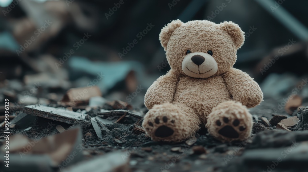 The image shows a lonely teddy bear seated amidst rubble and debris, possibly symbolizing lost innocence and the aftermath of devastation, evoking strong emotional responses. The image shows a lonely teddy bear seated amidst rubble and debris, possibly symbolizing lost innocence and the aftermath of devastation, evoking strong emotional responses.