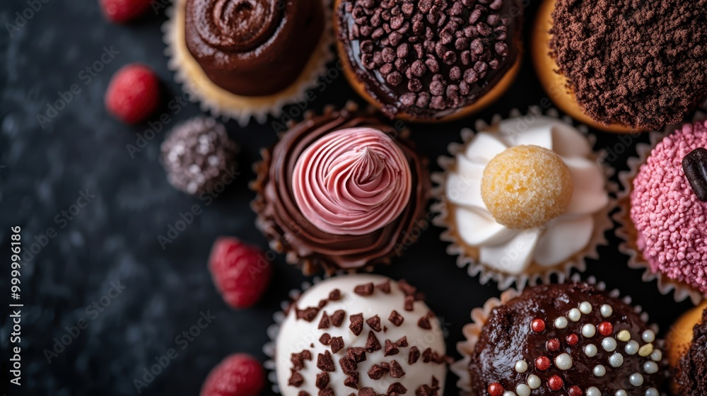 Delicious collection of assorted cupcakes featuring various toppings such as chocolate chips, frosting, and berries, beautifully arranged on a dark surface. Delicious collection of assorted cupcakes featuring various toppings such as chocolate chips, frosting, and berries, beautifully arranged on a dark surface.