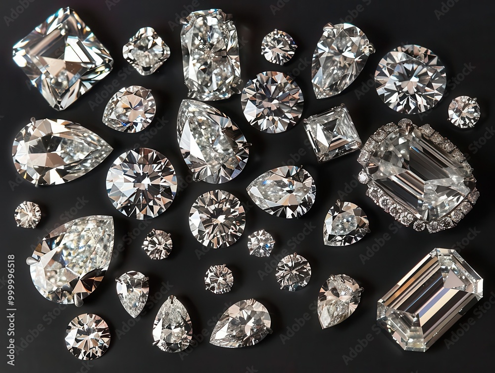 Dazzling array of cut diamonds in various shapes and sizes, arranged artfully to showcase their brilliance and fire against a dark background Dazzling array of cut diamonds in various shapes and sizes, arranged artfully to showcase their brilliance and fire against a dark background