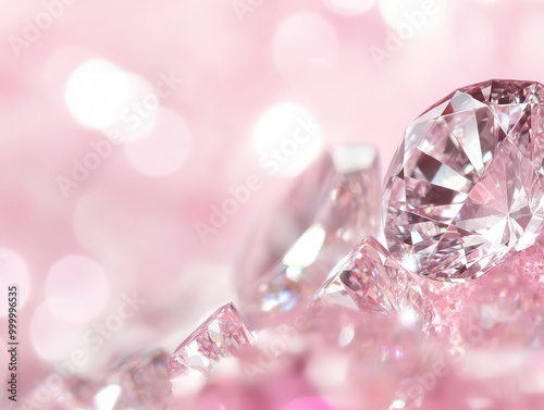 Dazzling array of cut diamonds sparkles against soft pink bokeh. Facets catch and refract light, creating a mesmerizing play of fire and brilliance.