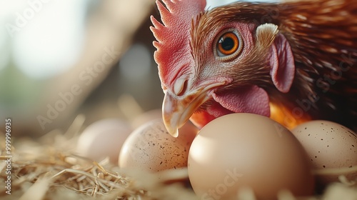 A close-up image of a hen protectively watching over her eggs nestled in a straw nest, highlighting nurturement and the bond between mother and offspring in nature. photo