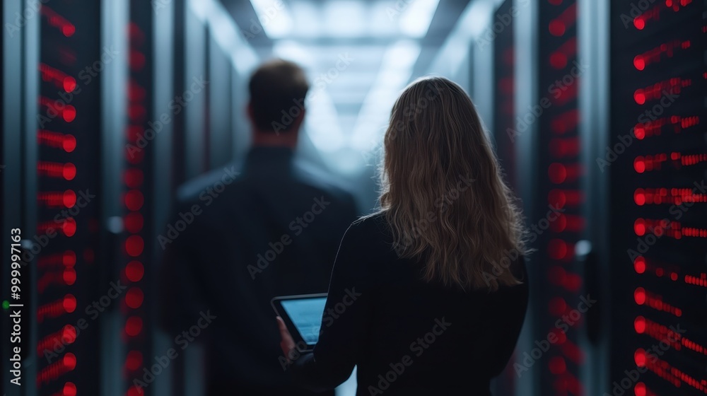 A woman in a dark outfit uses a tablet to conduct tasks while walking through the dimly lit aisles of a data center, followed closely by a male colleague. Surrounding them are active server racks. A woman in a dark outfit uses a tablet to conduct tasks while walking through the dimly lit aisles of a data center, followed closely by a male colleague. Surrounding them are active server racks.