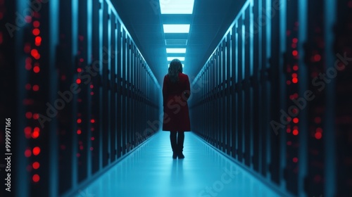 An individual wearing a red coat is walking down a brightly illuminated data center hallway with numerous server racks lit up with red and blue lights lining the walls.