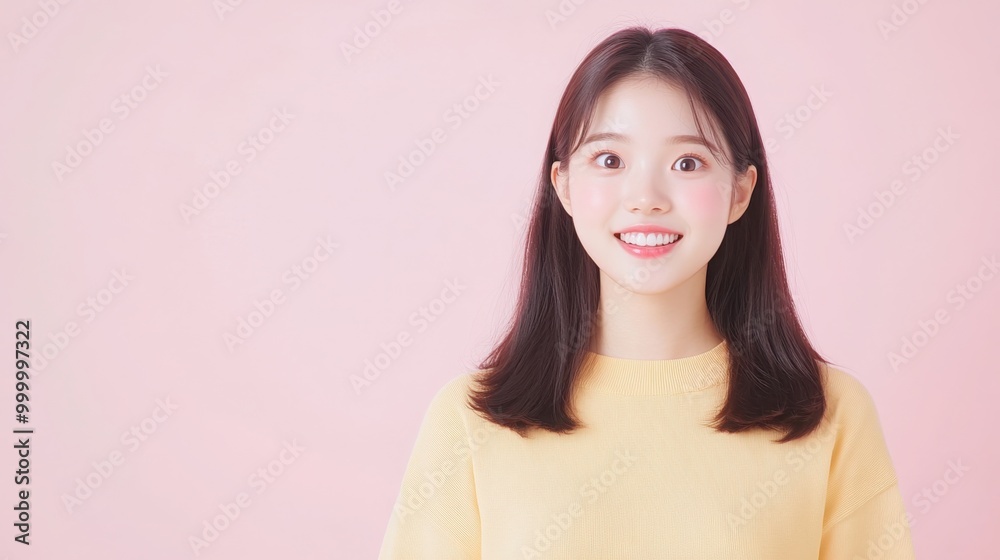 Photograph of cute excited Asian girl wearing yellow top, pink space isolated on white background. She has medium length straight hair which gives her a professional look. Photograph of cute excited Asian girl wearing yellow top, pink space isolated on white background. She has medium length straight hair which gives her a professional look.