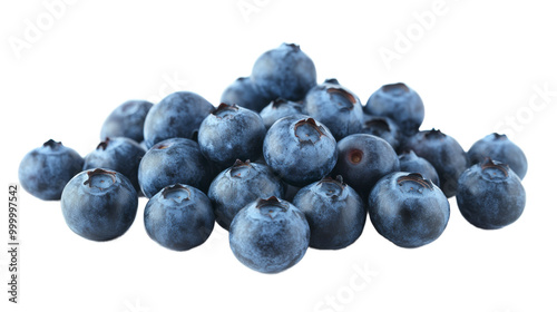 A cluster of blueberries with some scattered around, solated on transparent background, PNG file