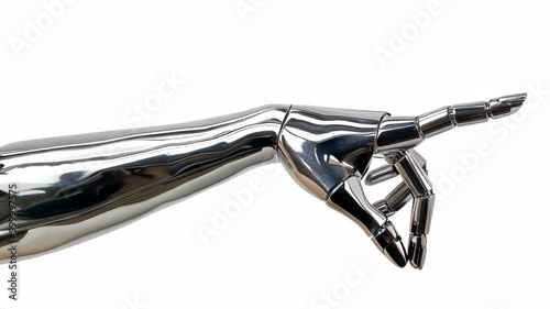 Cybernetic metallic hand in profile view pointing to white background