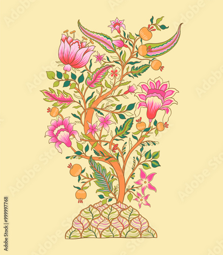 Mughal tree decorative ornamental floral. Vintage intricate traditional mughal style with flowers and foliage.