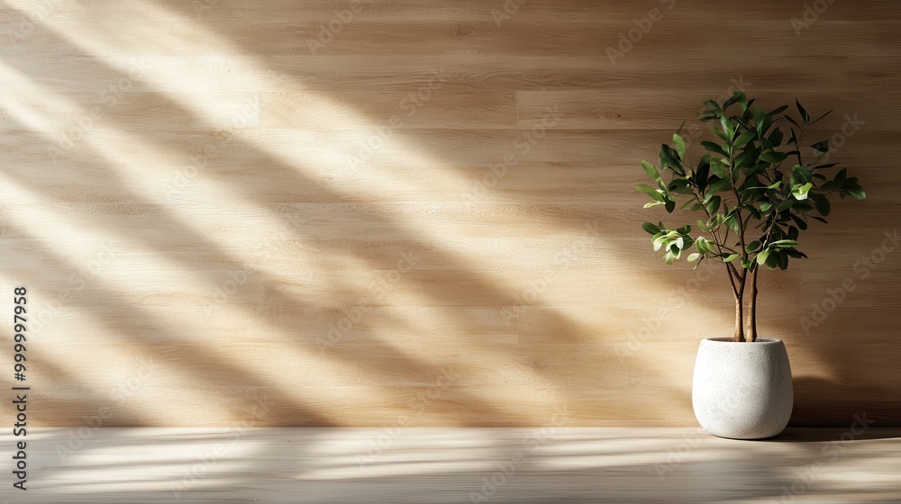 A minimalist scene featuring a single green potted plant placed against a light wooden wall. Shadows cast on the wall, adding depth and visual interest to the serene setting. A minimalist scene featuring a single green potted plant placed against a light wooden wall. Shadows cast on the wall, adding depth and visual interest to the serene setting.