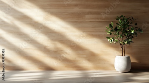A minimalist scene featuring a single green potted plant placed against a light wooden wall. Shadows cast on the wall, adding depth and visual interest to the serene setting. photo