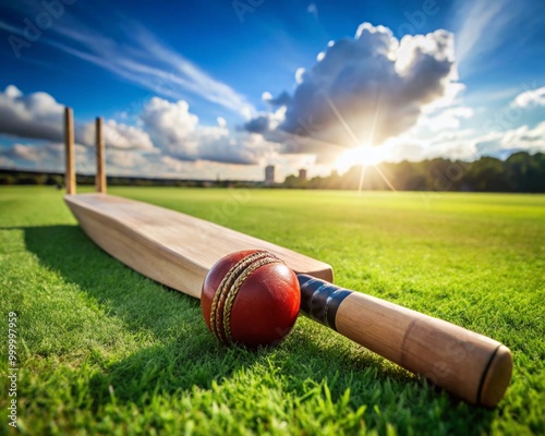 Cricket bat and ball in cricket field in morning photo