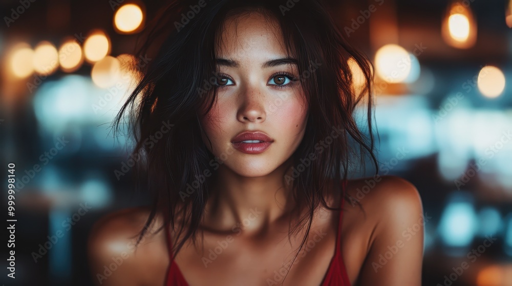 A close-up of a woman with wavy hair and a natural look, in a red dress, highlighting her striking eyes and soft features amidst glowing background lights. A close-up of a woman with wavy hair and a natural look, in a red dress, highlighting her striking eyes and soft features amidst glowing background lights.