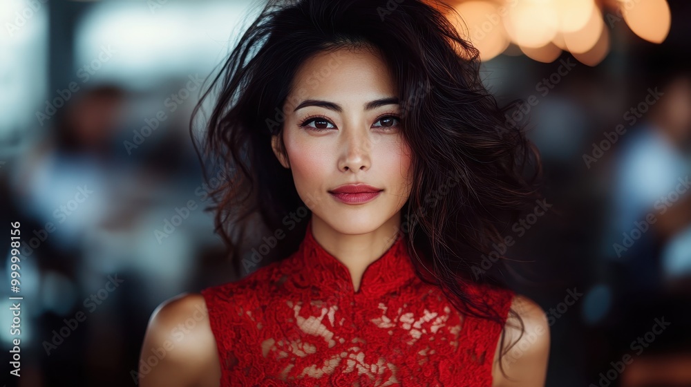 A striking portrait of a woman in a red lace top, with tousled dark hair, exuding sophistication and elegance amidst a softly blurred background.