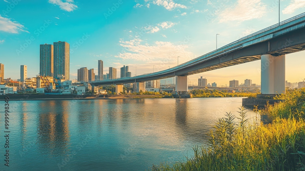 Fototapeta premium A bridge with a vibrant cityscape in the background, leaving plenty of clear sky and river for text placement.