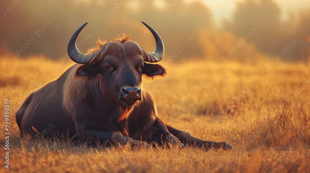 A buffalo resting in a sunlit field, with a clean, unobtrusive background offering plenty of room for text or copy. A buffalo resting in a sunlit field, with a clean, unobtrusive background offering plenty of room for text or copy.