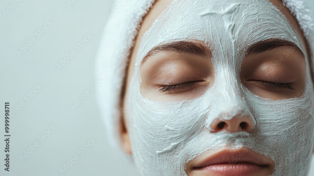 A close-up of a person with a white skincare mask applied on their face, relaxing with their eyes closed, promoting skincare and self-care routines. A close-up of a person with a white skincare mask applied on their face, relaxing with their eyes closed, promoting skincare and self-care routines.